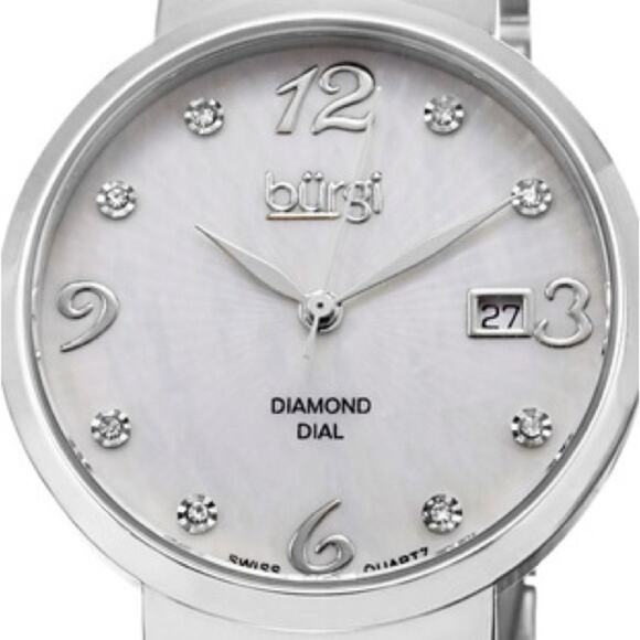 Burgi White Mother of Pearl BUR086SS Stainless Steel Diamond Swiss Quartz